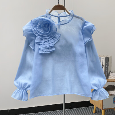 EWQ alkalmi 3D virágmintás blúz nőknek fényvédő fodros hosszú ujjú ing álló gallér ruházat 2024 nyár új 27C799