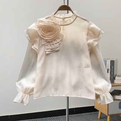 EWQ alkalmi 3D virágmintás blúz nőknek fényvédő fodros hosszú ujjú ing álló gallér ruházat 2024 nyár új 27C799