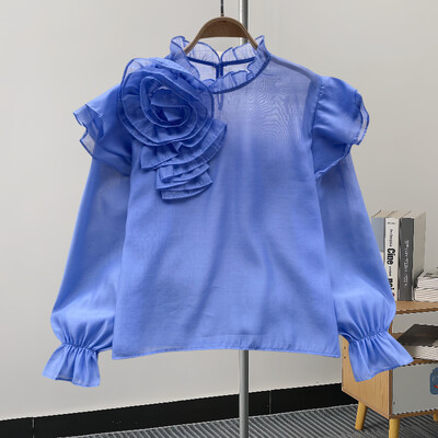 EWQ alkalmi 3D virágmintás blúz nőknek fényvédő fodros hosszú ujjú ing álló gallér ruházat 2024 nyár új 27C799