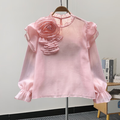 EWQ alkalmi 3D virágmintás blúz nőknek fényvédő fodros hosszú ujjú ing álló gallér ruházat 2024 nyár új 27C799