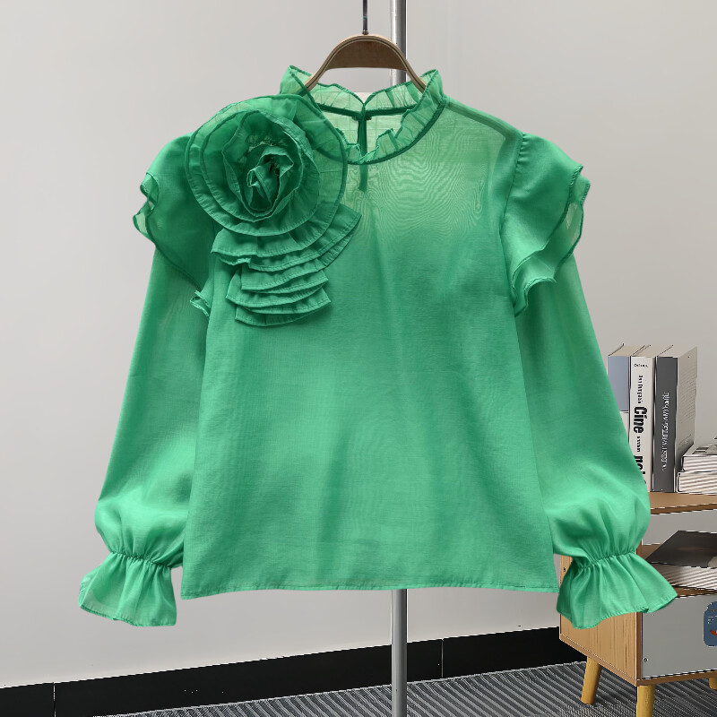 EWQ alkalmi 3D virágmintás blúz nőknek fényvédő fodros hosszú ujjú ing álló gallér ruházat 2024 nyár új 27C799