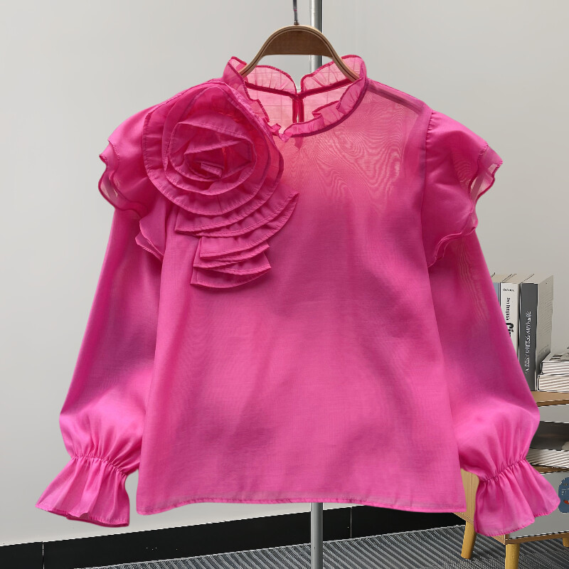 EWQ alkalmi 3D virágmintás blúz nőknek fényvédő fodros hosszú ujjú ing álló gallér ruházat 2024 nyár új 27C799