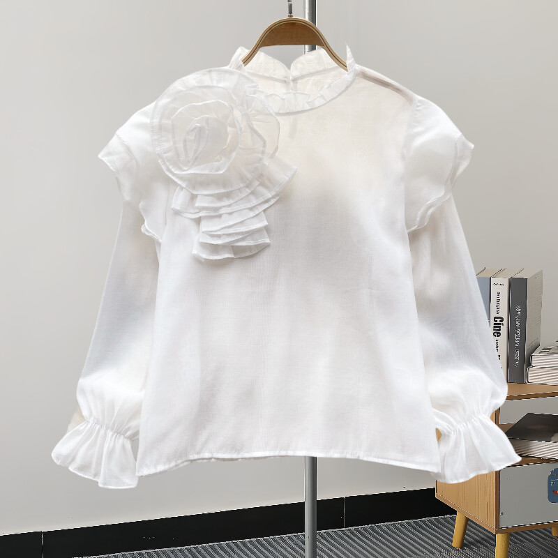 EWQ alkalmi 3D virágmintás blúz nőknek fényvédő fodros hosszú ujjú ing álló gallér ruházat 2024 nyár új 27C799