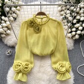 Luxury Blingbling Exquisite Diamond 3D Flowers Φαρδιά casual πουκάμισα και μπλούζες Γυναικείες άνοιξη 2024 Καλοκαίρι σέξι λεπτές μπλούζες Blusas