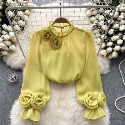 Luxury Blingbling Exquisite Diamond 3D Flowers Φαρδιά casual πουκάμισα και μπλούζες Γυναικείες άνοιξη 2024 Καλοκαίρι σέξι λεπτές μπλούζες Blusas