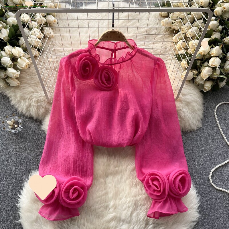 Luxury Blingbling Exquisite Diamond 3D Flowers Φαρδιά casual πουκάμισα και μπλούζες Γυναικείες άνοιξη 2024 Καλοκαίρι σέξι λεπτές μπλούζες Blusas