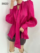 Vintage sieviešu topi ar pufām piedurknēm Taurītes kaklasaites krekls, 2024. gada pavasara vasara Solid, mīksta, spīdīga, pogājama blūze Streetwear INKEO 4T027