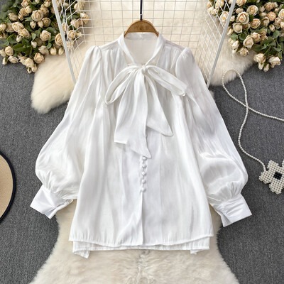 Vintage sieviešu topi ar pufām piedurknēm Taurītes kaklasaites krekls, 2024. gada pavasara vasara Solid, mīksta, spīdīga, pogājama blūze Streetwear INKEO 4T027