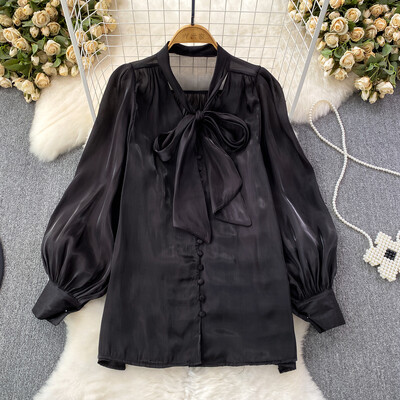 Vintage sieviešu topi ar pufām piedurknēm Taurītes kaklasaites krekls, 2024. gada pavasara vasara Solid, mīksta, spīdīga, pogājama blūze Streetwear INKEO 4T027