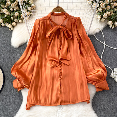 Vintage sieviešu topi ar pufām piedurknēm Taurītes kaklasaites krekls, 2024. gada pavasara vasara Solid, mīksta, spīdīga, pogājama blūze Streetwear INKEO 4T027