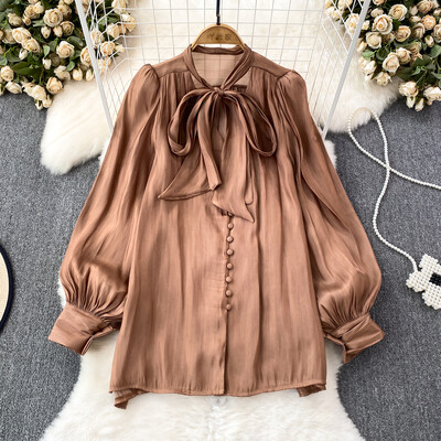 Vintage sieviešu topi ar pufām piedurknēm Taurītes kaklasaites krekls, 2024. gada pavasara vasara Solid, mīksta, spīdīga, pogājama blūze Streetwear INKEO 4T027