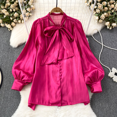 Vintage sieviešu topi ar pufām piedurknēm Taurītes kaklasaites krekls, 2024. gada pavasara vasara Solid, mīksta, spīdīga, pogājama blūze Streetwear INKEO 4T027