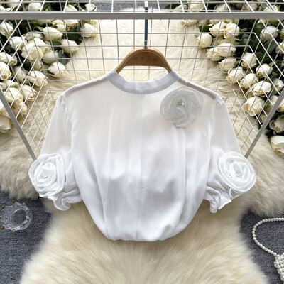 Ρετρό ριπέ μανίκι σιφόν Τρισδιάστατο λουλούδι Μπλούζα Λεπτό σέξι πουκάμισο Γυναικείο γοτθικό καλοκαιρινό Μόδα o λαιμό Crop Top