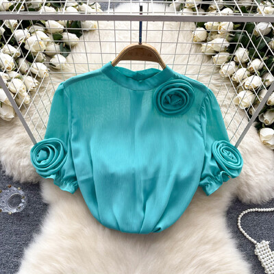 Ρετρό ριπέ μανίκι σιφόν Τρισδιάστατο λουλούδι Μπλούζα Λεπτό σέξι πουκάμισο Γυναικείο γοτθικό καλοκαιρινό Μόδα o λαιμό Crop Top