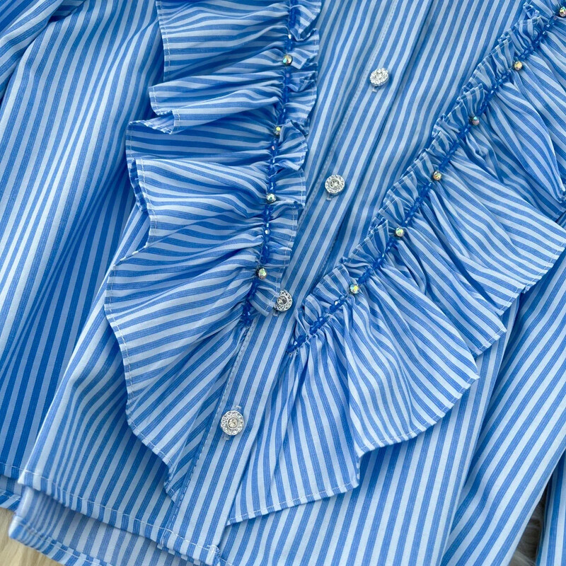 Vintage svītrainām piedurknēm ēdama koka sēnīte, sēnīte, sēnīte, eleganta, eleganta sieviešu ielu apģērbi korejiešu High Street rudens blūze