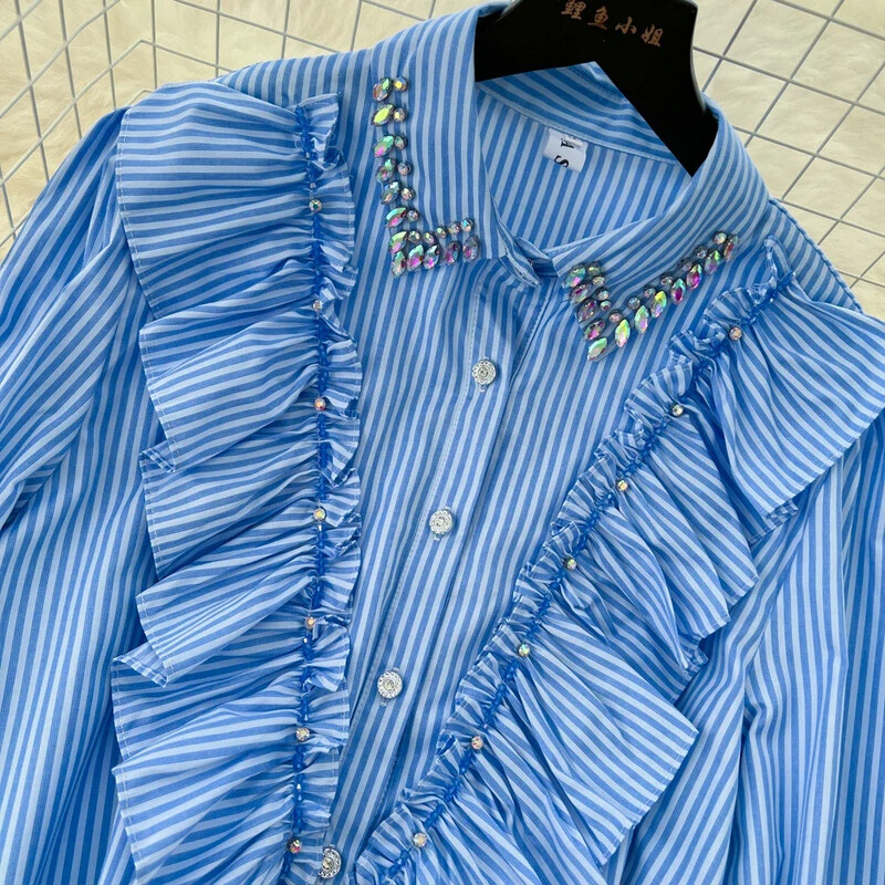 Vintage svītrainām piedurknēm ēdama koka sēnīte, sēnīte, sēnīte, eleganta, eleganta sieviešu ielu apģērbi korejiešu High Street rudens blūze