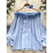 Κομψή τρισδιάστατη φλοράλ vintage λαιμόκοψη με μονό στήθος στρας Γαλλική μόδα Streetwear High Street Φθινοπωρινή μπλούζα