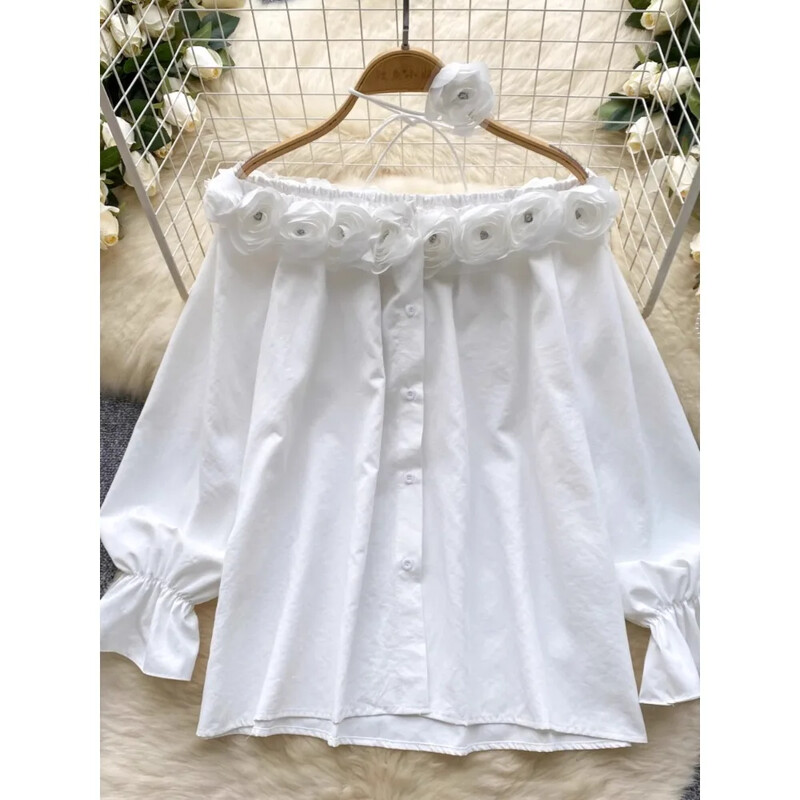 Κομψή τρισδιάστατη φλοράλ vintage λαιμόκοψη με μονό στήθος στρας Γαλλική μόδα Streetwear High Street Φθινοπωρινή μπλούζα