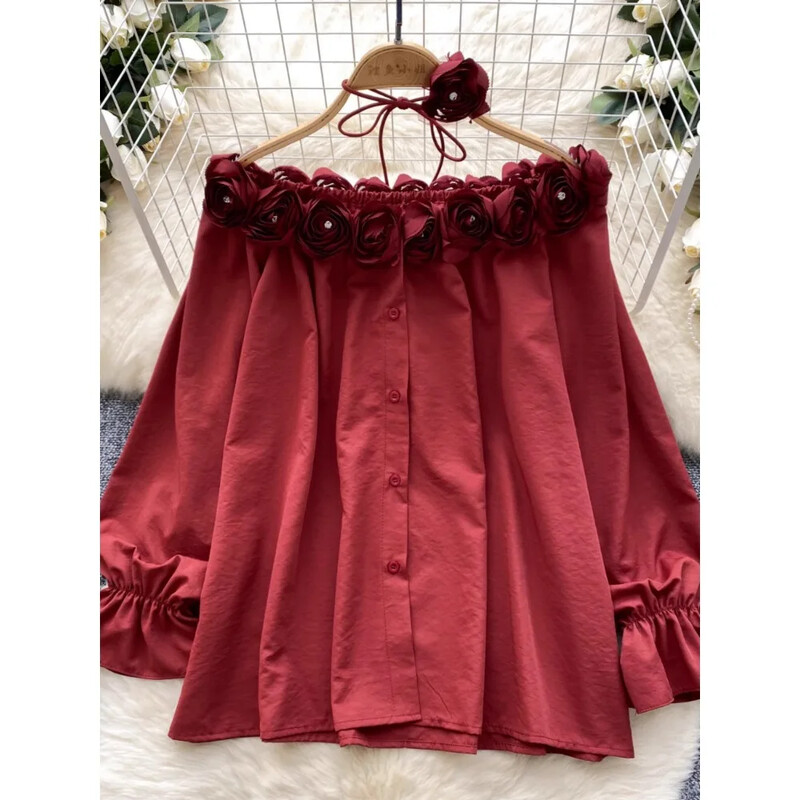 Κομψή τρισδιάστατη φλοράλ vintage λαιμόκοψη με μονό στήθος στρας Γαλλική μόδα Streetwear High Street Φθινοπωρινή μπλούζα