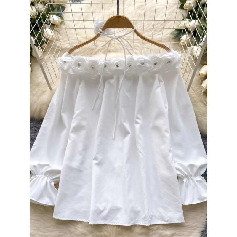 Κομψή τρισδιάστατη φλοράλ vintage λαιμόκοψη με μονό στήθος στρας Γαλλική μόδα Streetwear High Street Φθινοπωρινή μπλούζα