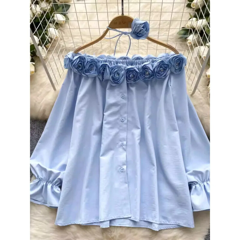 Κομψή τρισδιάστατη φλοράλ vintage λαιμόκοψη με μονό στήθος στρας Γαλλική μόδα Streetwear High Street Φθινοπωρινή μπλούζα