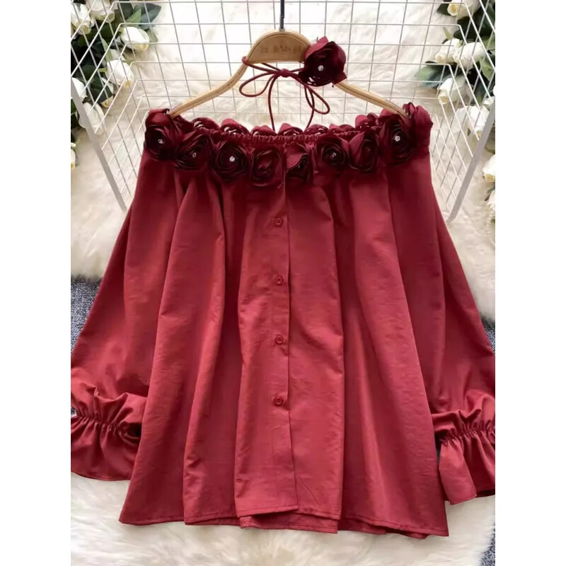 Κομψή τρισδιάστατη φλοράλ vintage λαιμόκοψη με μονό στήθος στρας Γαλλική μόδα Streetwear High Street Φθινοπωρινή μπλούζα