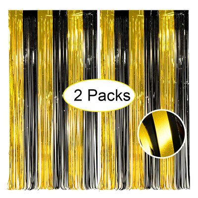 2 συσκευασίες Μαύρο χρυσό κρόσσια κουρτίνα 3.2X8.2ft Μεταλλικό χρυσό μαύρο φύλλο αλουμινόχαρτο γυαλιστερή κουρτίνα για γενέθλια Χριστουγεννιάτικη διακόσμηση γάμου