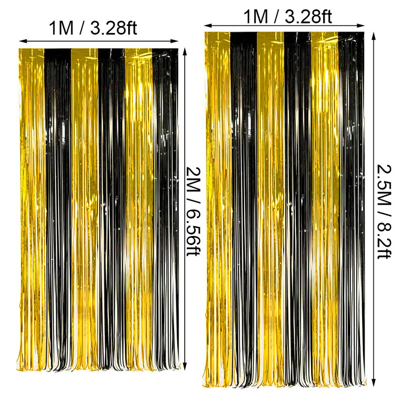 2 συσκευασίες Μαύρο χρυσό κρόσσια κουρτίνα 3.2X8.2ft Μεταλλικό χρυσό μαύρο φύλλο αλουμινόχαρτο γυαλιστερή κουρτίνα για γενέθλια Χριστουγεννιάτικη διακόσμηση γάμου