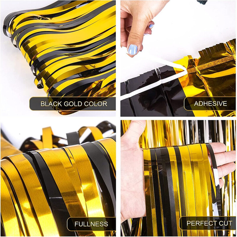 2 συσκευασίες Μαύρο χρυσό κρόσσια κουρτίνα 3.2X8.2ft Μεταλλικό χρυσό μαύρο φύλλο αλουμινόχαρτο γυαλιστερή κουρτίνα για γενέθλια Χριστουγεννιάτικη διακόσμηση γάμου
