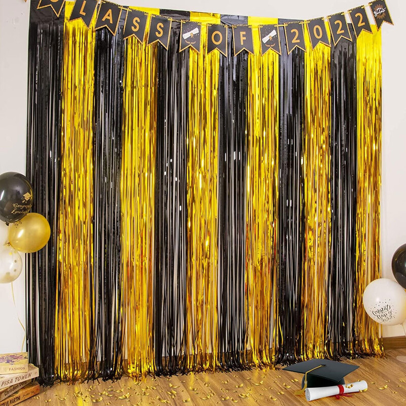 2 συσκευασίες Μαύρο χρυσό κρόσσια κουρτίνα 3.2X8.2ft Μεταλλικό χρυσό μαύρο φύλλο αλουμινόχαρτο γυαλιστερή κουρτίνα για γενέθλια Χριστουγεννιάτικη διακόσμηση γάμου