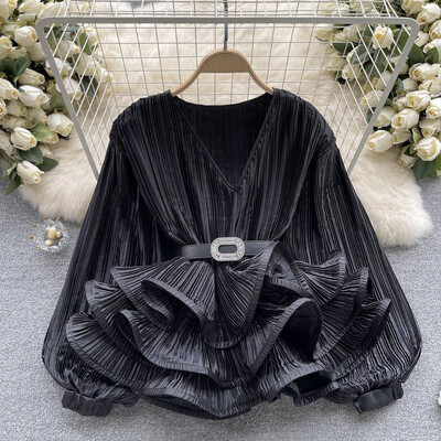 EWQ βολάν Πλισέ μπλούζα για γυναίκες μόδας V λαιμόκοψη μανίκια μέσης φανάρι τοπ Μόδα 2024 Καλοκαίρι Νέο 27C111