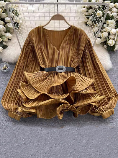 EWQ βολάν Πλισέ μπλούζα για γυναίκες μόδας V λαιμόκοψη μανίκια μέσης φανάρι τοπ Μόδα 2024 Καλοκαίρι Νέο 27C111