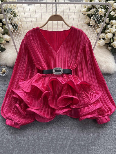 EWQ βολάν Πλισέ μπλούζα για γυναίκες μόδας V λαιμόκοψη μανίκια μέσης φανάρι τοπ Μόδα 2024 Καλοκαίρι Νέο 27C111