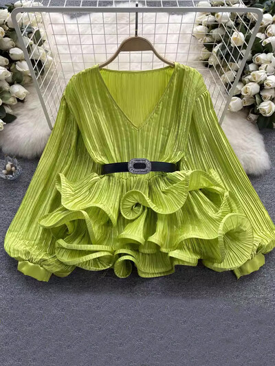 EWQ βολάν Πλισέ μπλούζα για γυναίκες μόδας V λαιμόκοψη μανίκια μέσης φανάρι τοπ Μόδα 2024 Καλοκαίρι Νέο 27C111