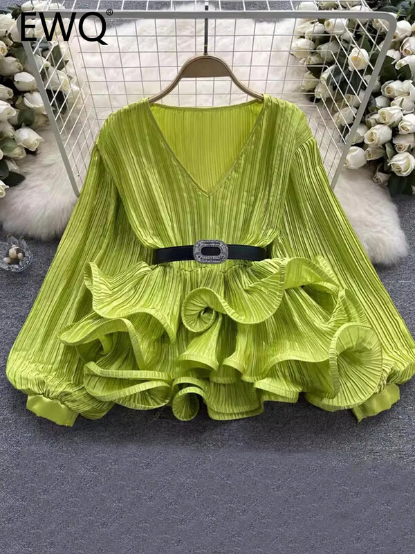 EWQ βολάν Πλισέ μπλούζα για γυναίκες μόδας V λαιμόκοψη μανίκια μέσης φανάρι τοπ Μόδα 2024 Καλοκαίρι Νέο 27C111
