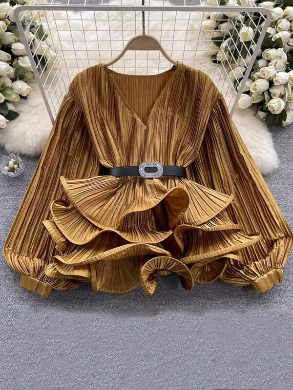 EWQ βολάν Πλισέ μπλούζα για γυναίκες μόδας V λαιμόκοψη μανίκια μέσης φανάρι τοπ Μόδα 2024 Καλοκαίρι Νέο 27C111