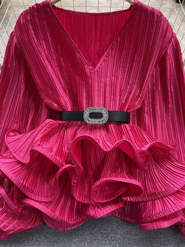 EWQ βολάν Πλισέ μπλούζα για γυναίκες μόδας V λαιμόκοψη μανίκια μέσης φανάρι τοπ Μόδα 2024 Καλοκαίρι Νέο 27C111