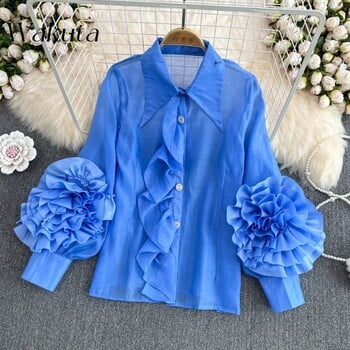 WAKUTA Дамски блузи Chic 3D Flowers Puff Sleeve 2024 Пролет Нови горнища Риза Causal Корейска мода Отложна яка Blusas Top