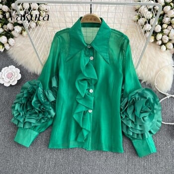 WAKUTA Дамски блузи Chic 3D Flowers Puff Sleeve 2024 Пролет Нови горнища Риза Causal Корейска мода Отложна яка Blusas Top