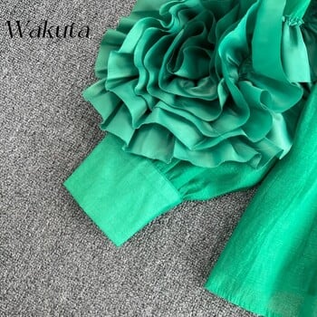 WAKUTA Дамски блузи Chic 3D Flowers Puff Sleeve 2024 Пролет Нови горнища Риза Causal Корейска мода Отложна яка Blusas Top