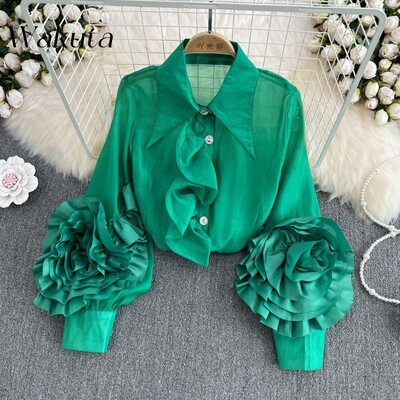 WAKUTA Дамски блузи Chic 3D Flowers Puff Sleeve 2024 Пролет Нови горнища Риза Causal Корейска мода Отложна яка Blusas Top