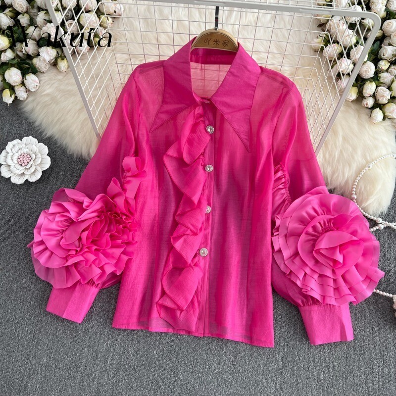 WAKUTA Sieviešu blūzes Eleganta 3D Ziedi Puff Sleeve 2024 Pavasaris Jauni Topi Krekls Causal Korejiešu Modes Nolaižama apkakle Blusas Tops
