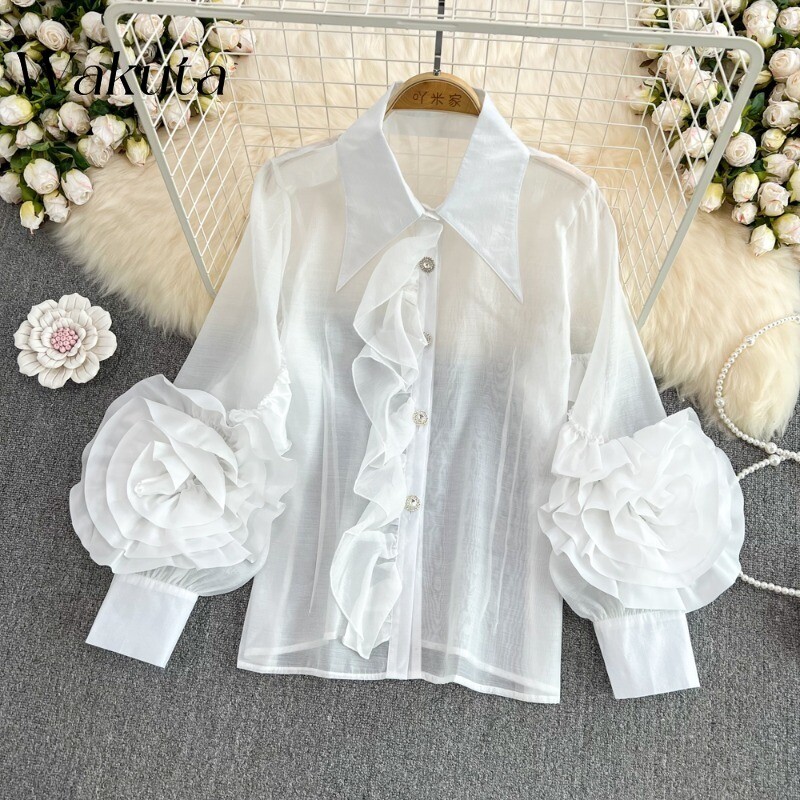 WAKUTA Sieviešu blūzes Eleganta 3D Ziedi Puff Sleeve 2024 Pavasaris Jauni Topi Krekls Causal Korejiešu Modes Nolaižama apkakle Blusas Tops