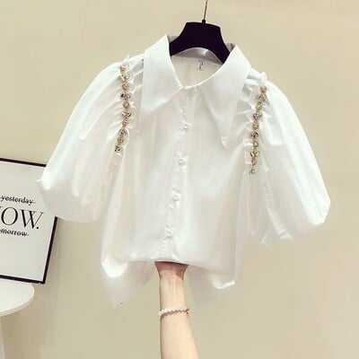 Vintage μπλούζα με στρας Fungus Lantern με κοντό μανίκι βαμβακερά μπλουζάκια Camisa Feminina Blusas Ανοιξιάτικα γυναικεία πουκάμισα casual ρετρό