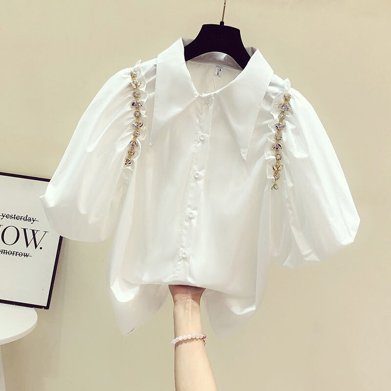 Vintage μπλούζα με στρας Fungus Lantern με κοντό μανίκι βαμβακερά μπλουζάκια Camisa Feminina Blusas Ανοιξιάτικα γυναικεία πουκάμισα casual ρετρό