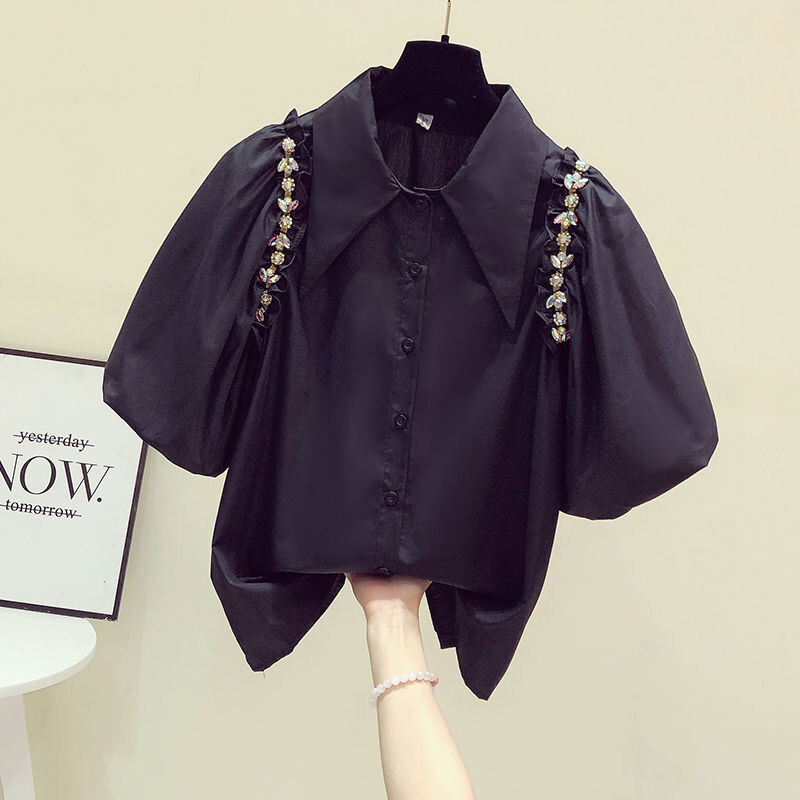 Vintage μπλούζα με στρας Fungus Lantern με κοντό μανίκι βαμβακερά μπλουζάκια Camisa Feminina Blusas Ανοιξιάτικα γυναικεία πουκάμισα casual ρετρό