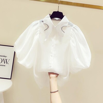 Γιακάς κούκλας Χονγκ Κονγκ Μπλούζα με μανίκια με φανάρι με διαμάντια Γυναικεία λευκά πουκάμισα Camisas Casual Top Blusas Puff Κοντό πουκάμισο