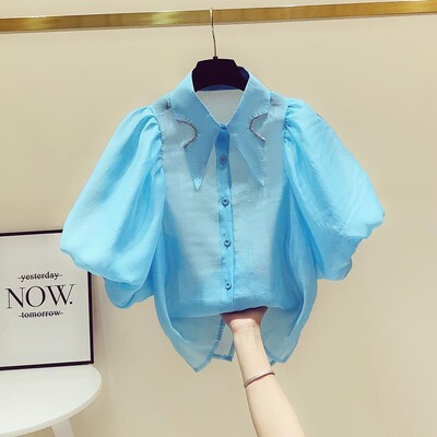 Γιακάς κούκλας Χονγκ Κονγκ Μπλούζα με μανίκια με φανάρι με διαμάντια Γυναικεία λευκά πουκάμισα Camisas Casual Top Blusas Puff Κοντό πουκάμισο