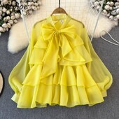 Neploe Elegant Sweet Bow Suvarstomos palaidinės 2024 m. pavasario nauji šifoniniai marškiniai, moteriški Y2k tinklinio žibinto rankovės laisvos Blusas Mujer