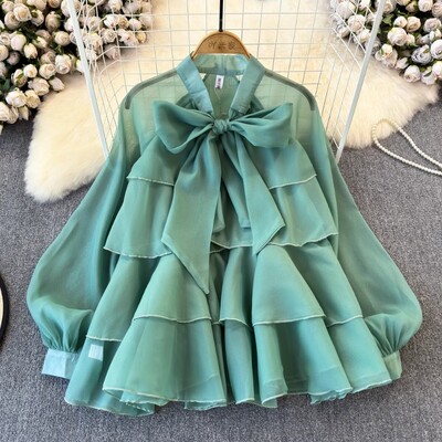 Neploe Elegant Sweet Bow Suvarstomos palaidinės 2024 m. pavasario nauji šifoniniai marškiniai, moteriški Y2k tinklinio žibinto rankovės laisvos Blusas Mujer